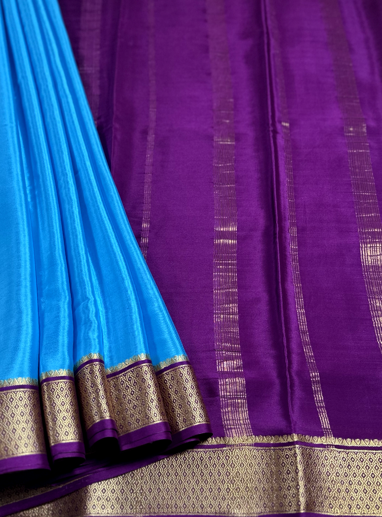 Sky Blue & Purple Pure Silk Mysore Crepe Saree with Dot Border