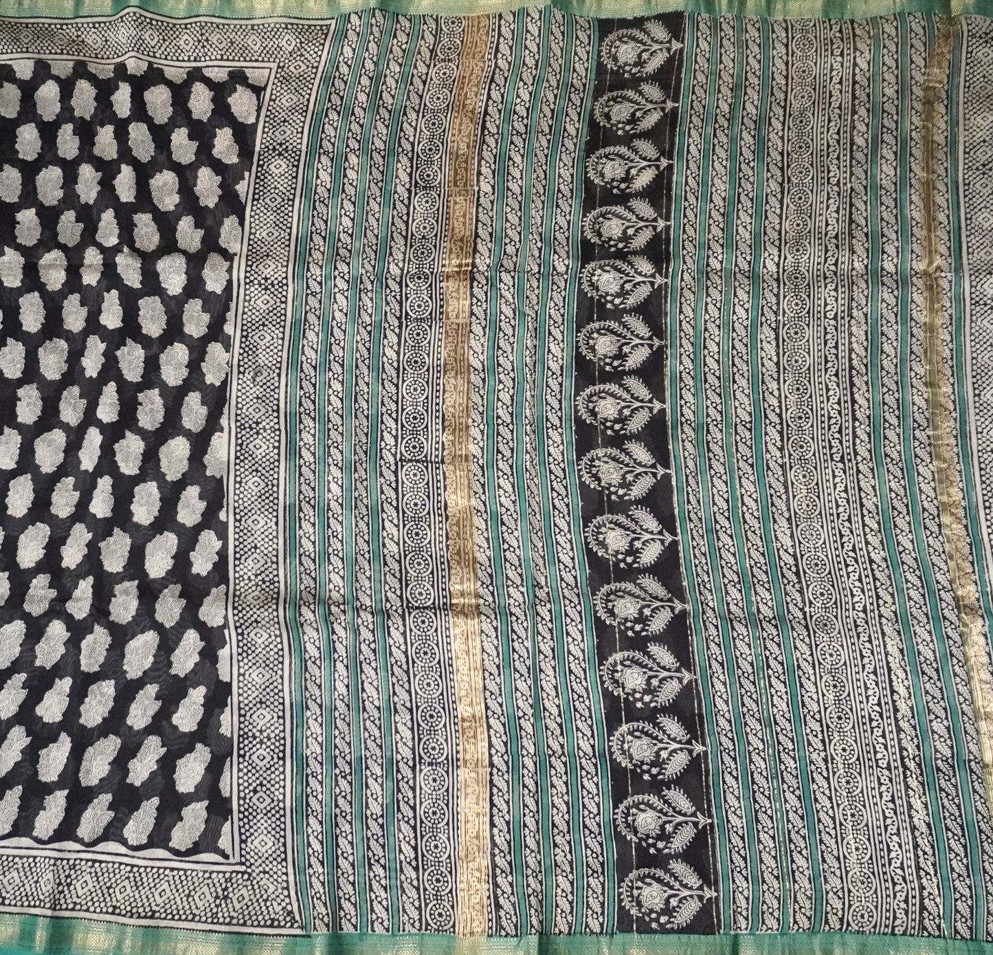 Black Handblock Printed Maheshwari Saree with Intricate Floral Motifs