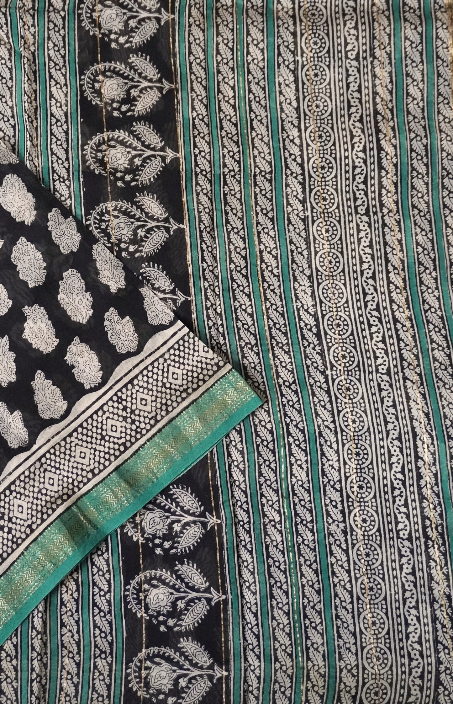 Black Handblock Printed Maheshwari Saree with Intricate Floral Motifs