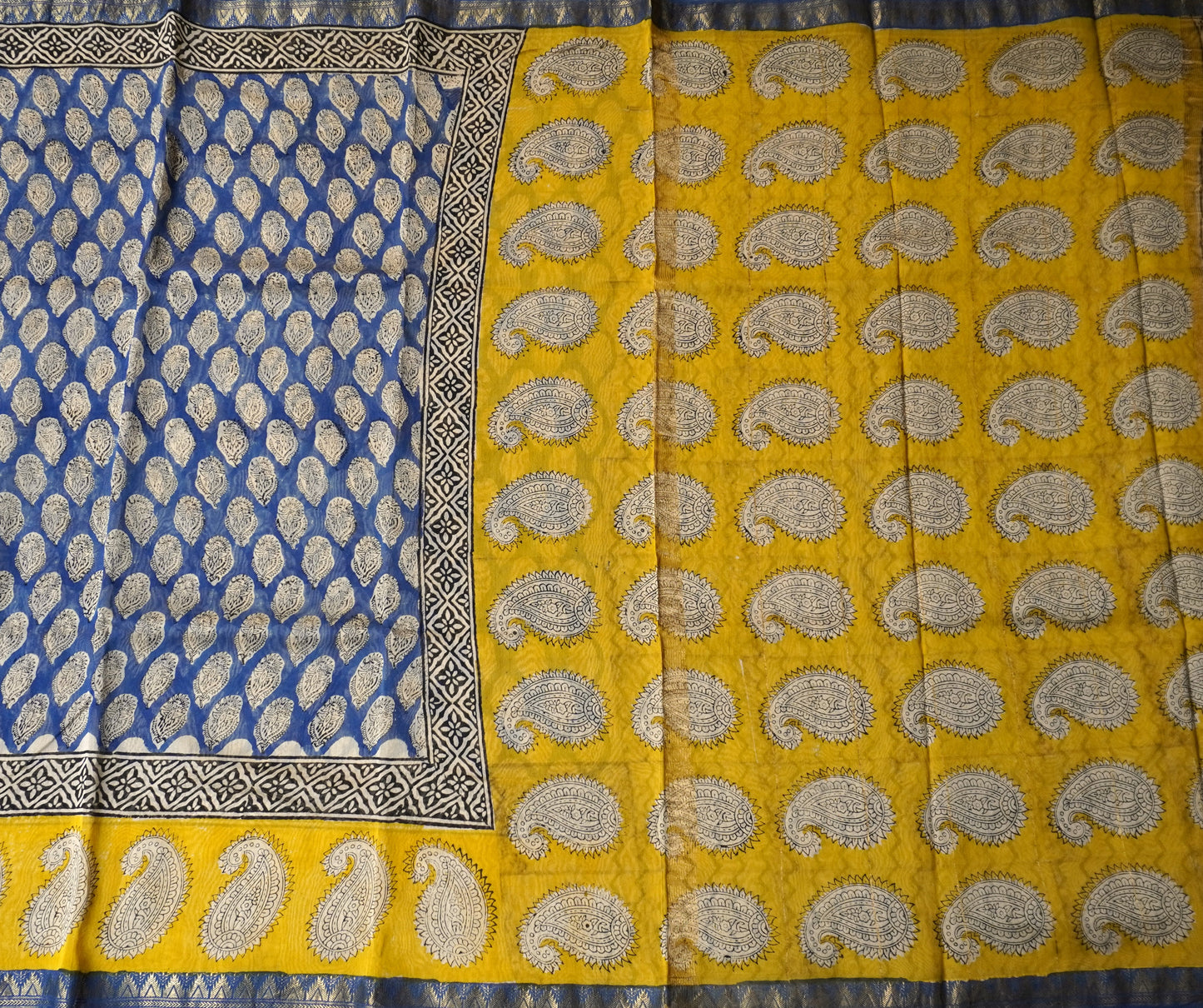 Blue and Mustard Maheshwari Silk Cotton Saree with Handblock Print