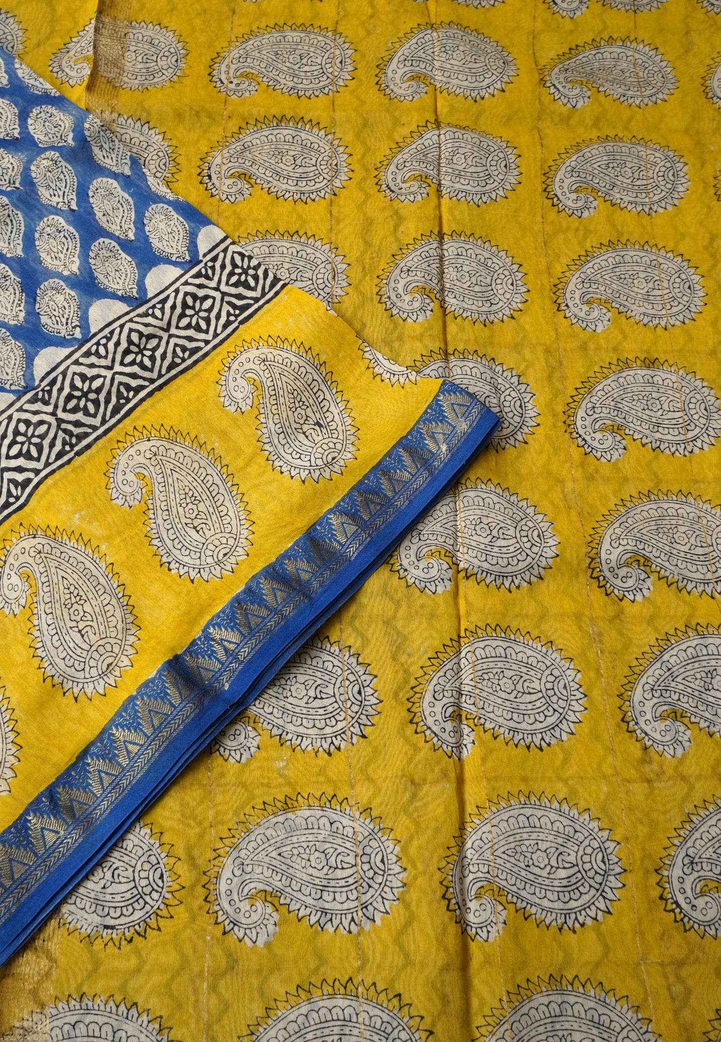 Blue and Mustard Maheshwari Silk Cotton Saree with Handblock Print