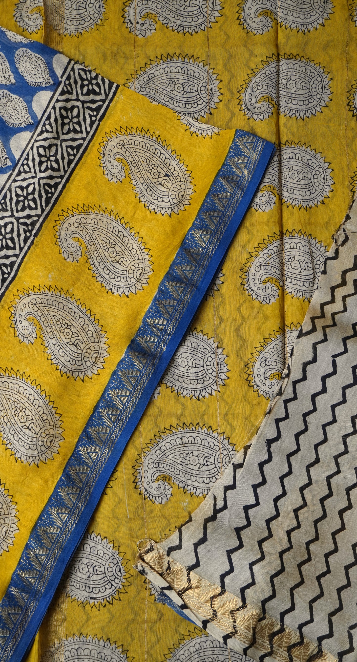 Blue and Mustard Maheshwari Silk Cotton Saree with Handblock Print