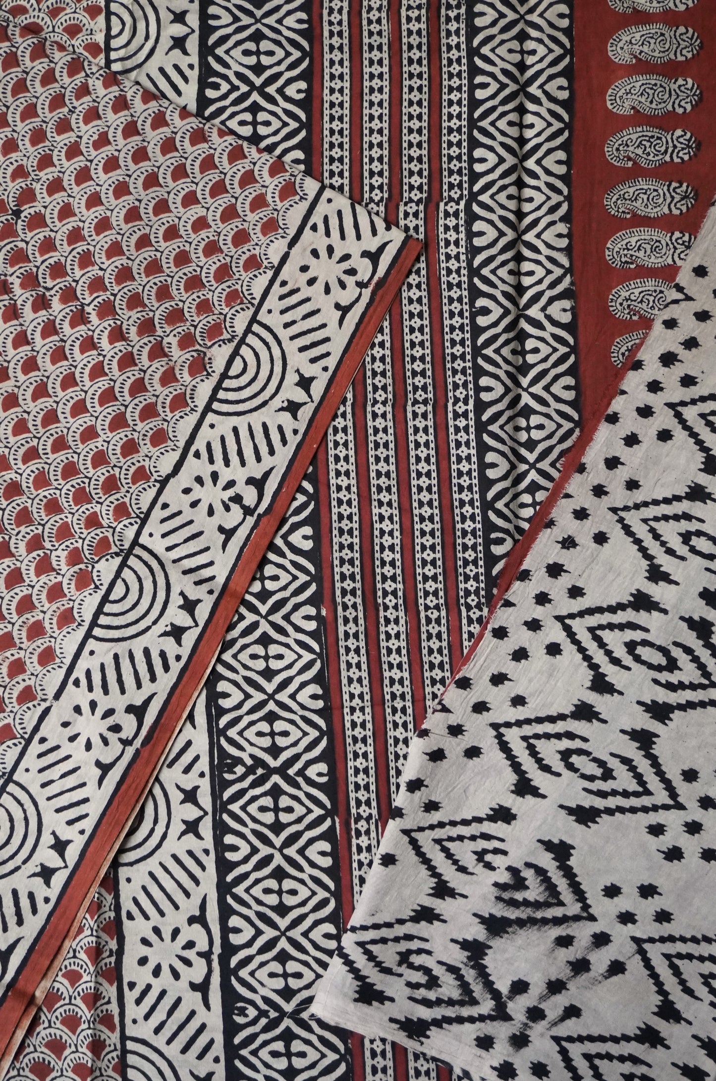 Maroon & Black Mulmul Cotton Saree with Scallop Block Print