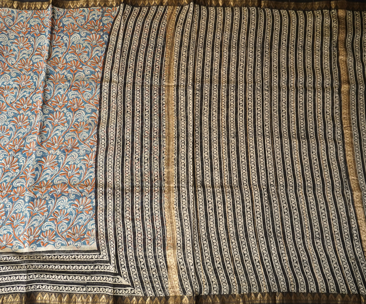 Blue & Black Maheshwari Silk Cotton Saree with Floral Block Print