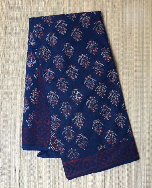 Navy Blue & Rustic Red Mulmul Cotton Saree with Folk Floral Motifs