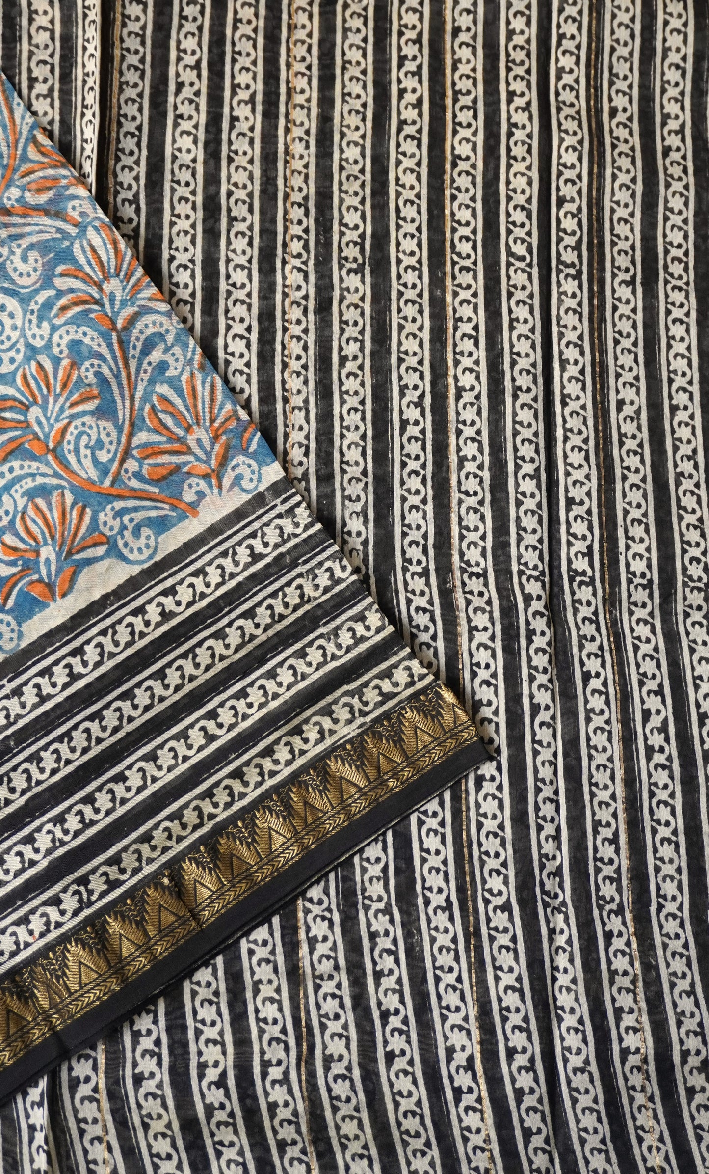 Blue & Black Maheshwari Silk Cotton Saree with Floral Block Print