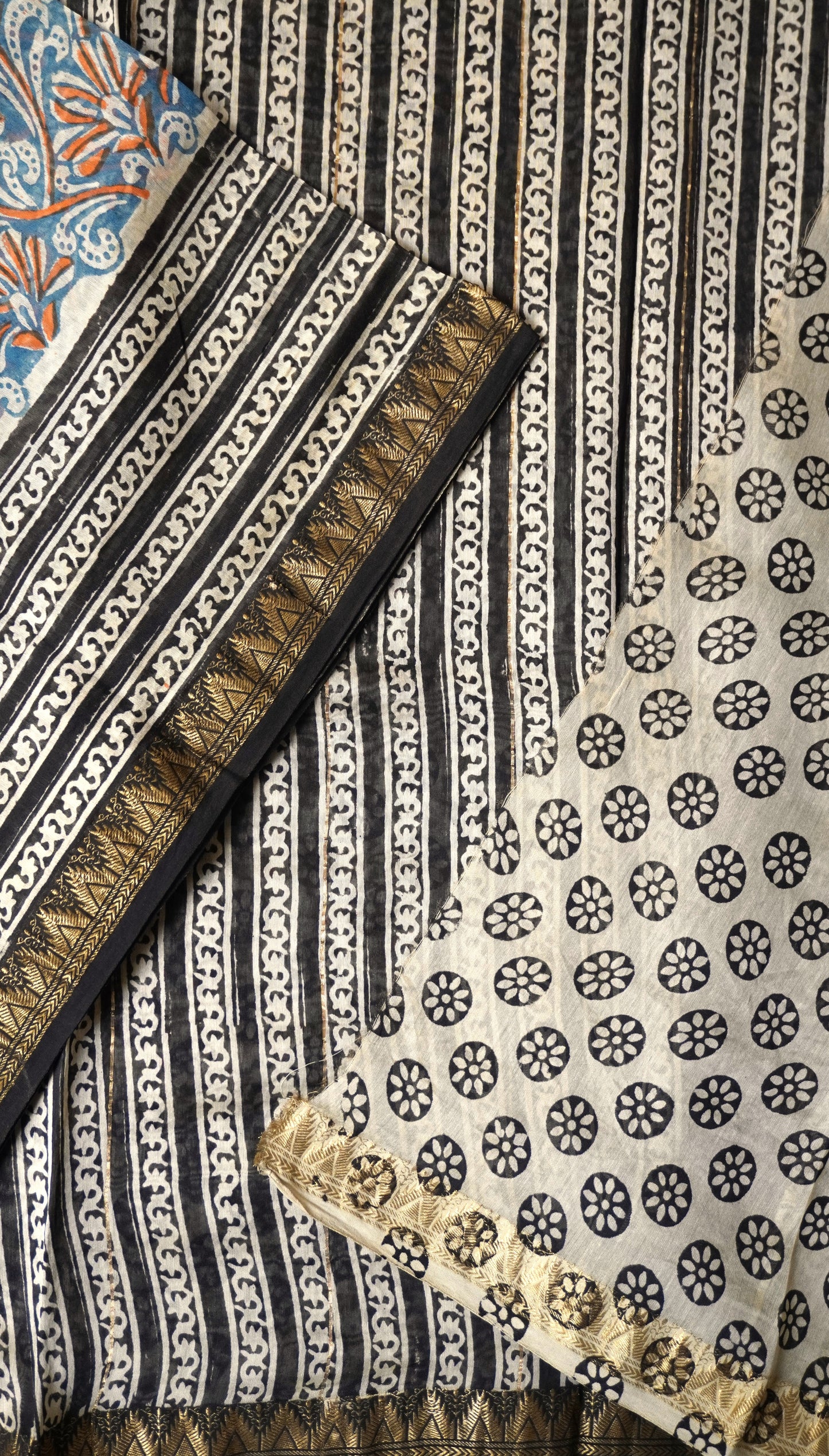 Blue & Black Maheshwari Silk Cotton Saree with Floral Block Print