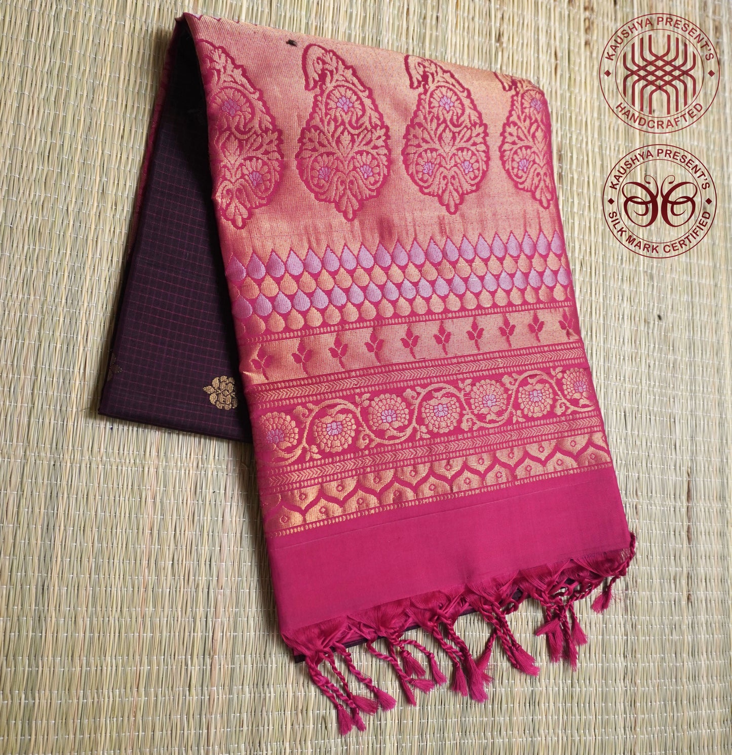 Wine & Rani Pink Handloom Kanchipuram Soft Silk Saree with Zari Checks