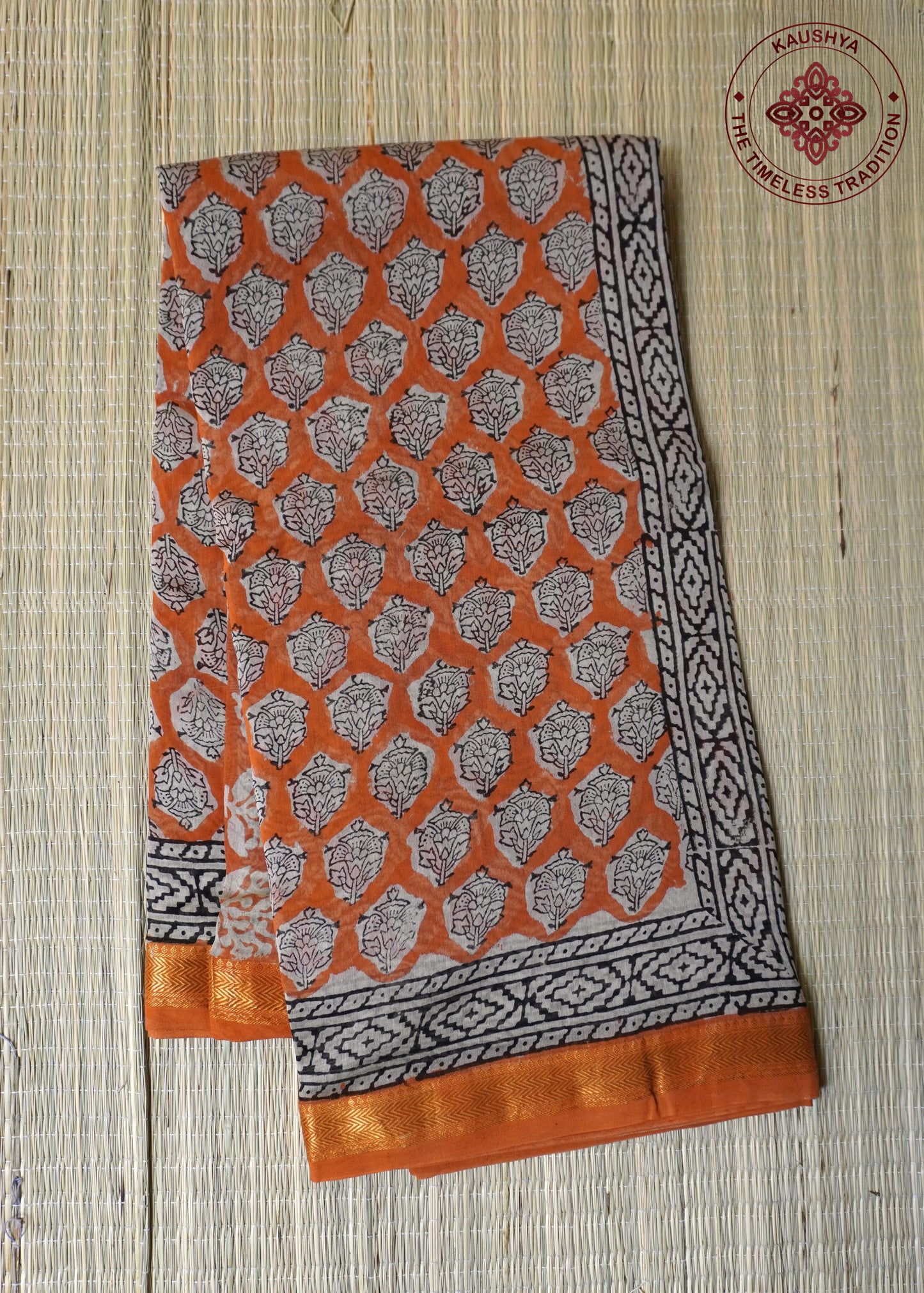 Orange Maheshwari Silk Cotton Saree with Floral Block Print