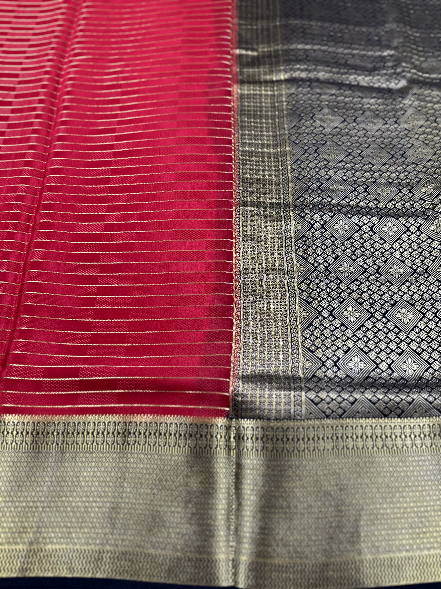 Red & Black Pure Silk Mysore Crepe Saree