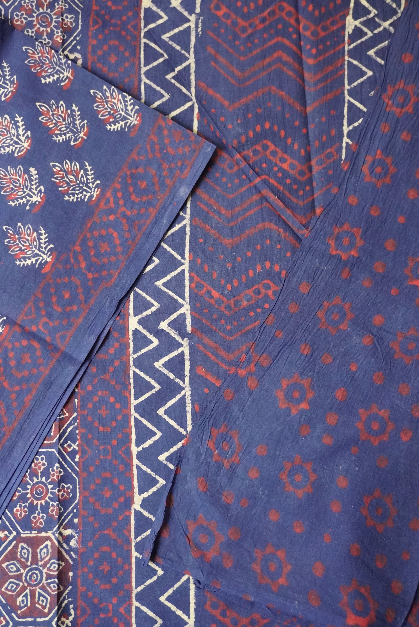 Navy Blue & Rustic Red Mulmul Cotton Saree with Folk Floral Motifs