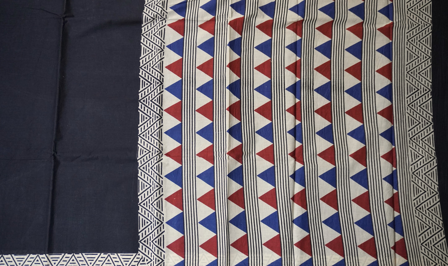 Black Mulmul Cotton Saree with Multi Color Tribal Triangle Print