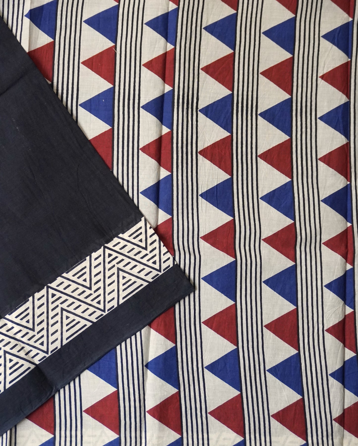 Black Mulmul Cotton Saree with Multi Color Tribal Triangle Print