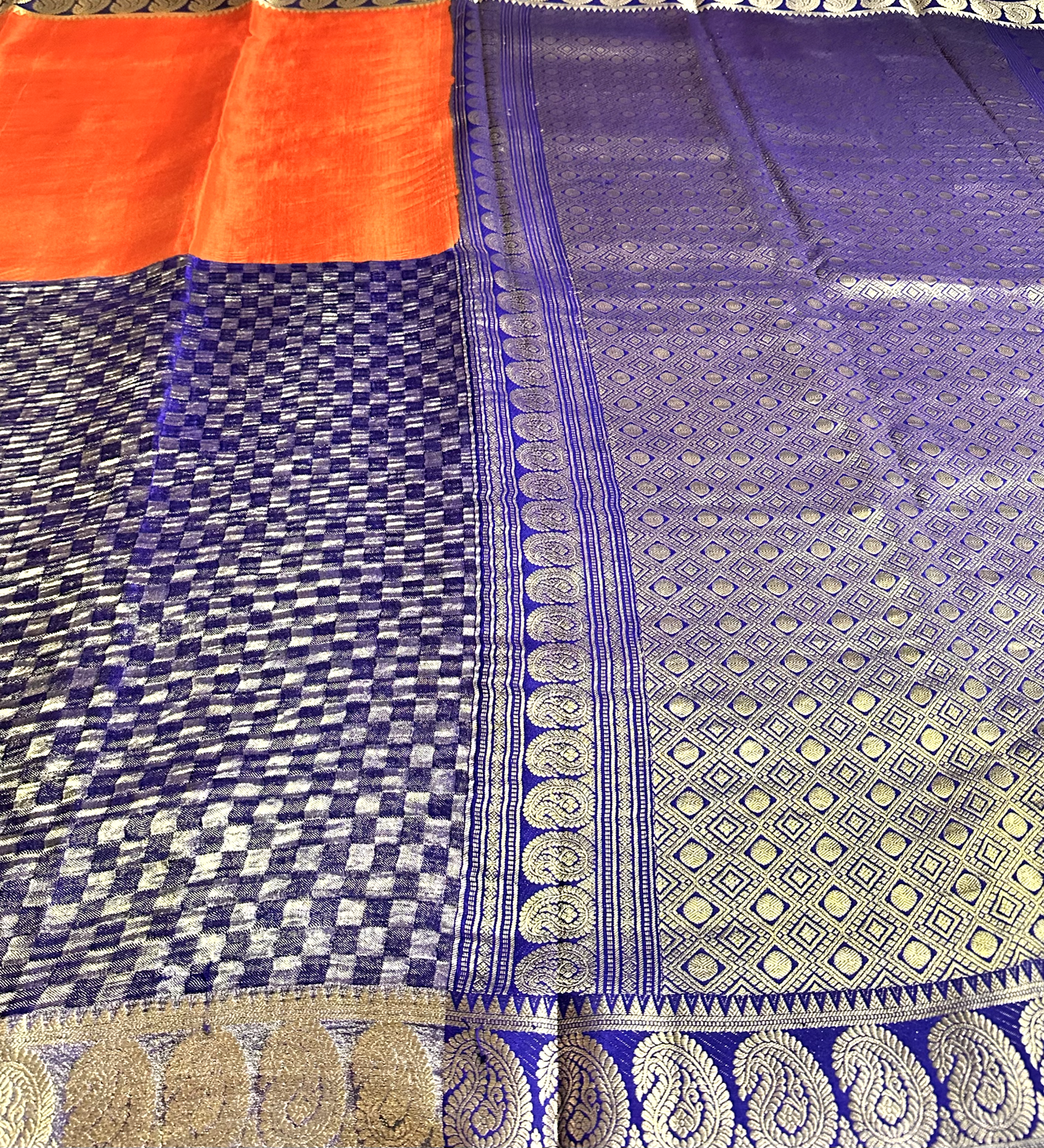 Orange & Blue Half Tissue - Half Crushed Pure Silk Mysore Crepe Saree