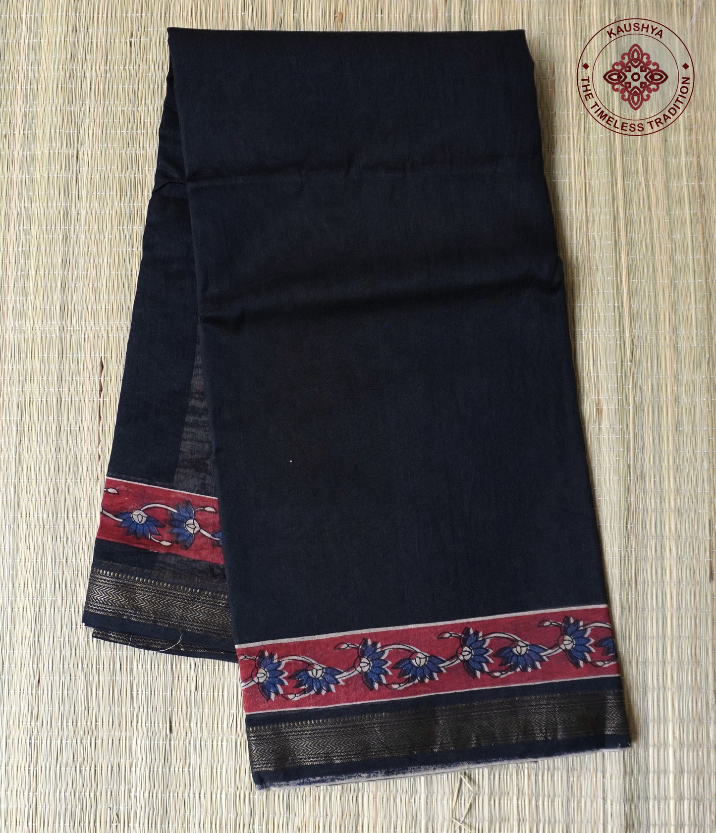 Black Maheshwari Silk Cotton Saree with Handblock Floral Print