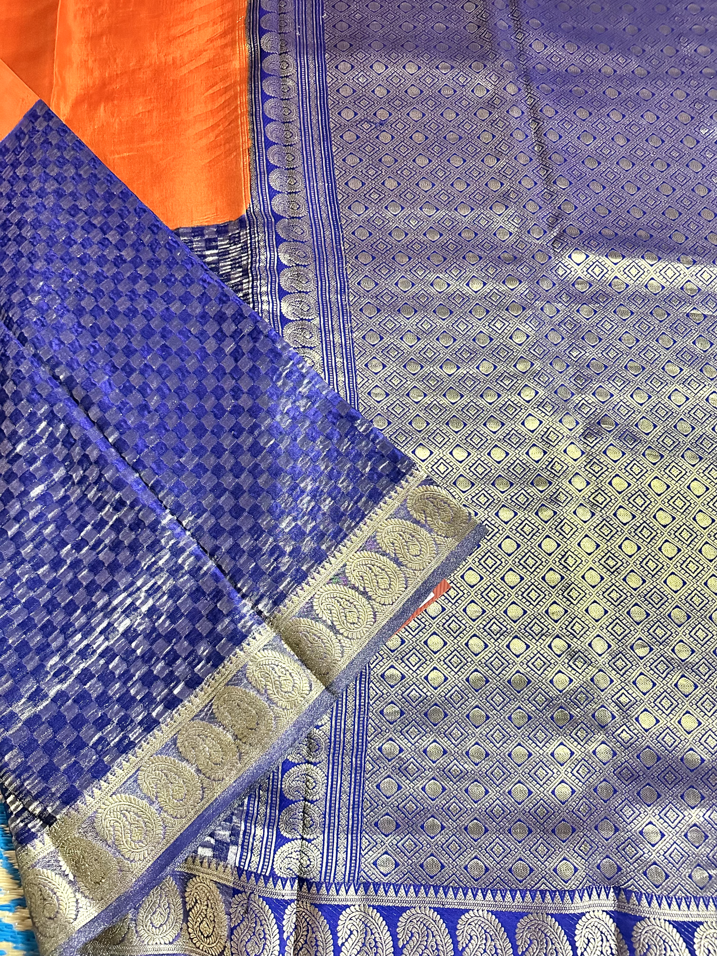 Orange & Blue Half Tissue - Half Crushed Pure Silk Mysore Crepe Saree