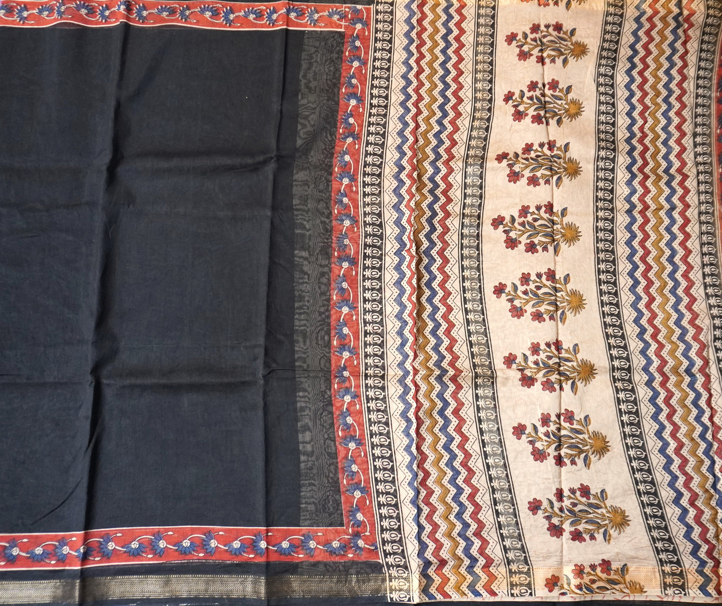 Black Maheshwari Silk Cotton Saree with Handblock Floral Print