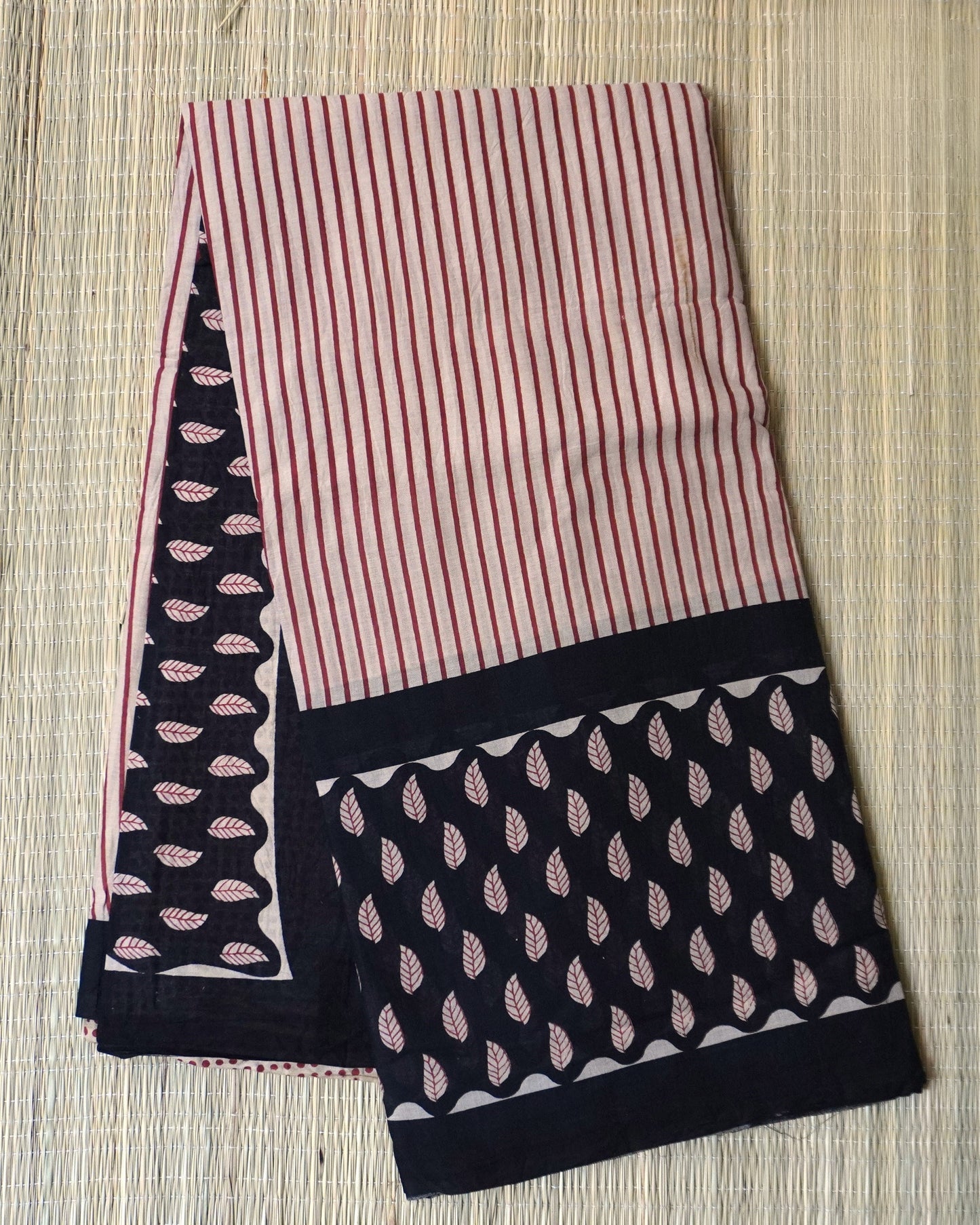 Beige & Red Mulmul Saree with Bold Leaf Block Print
