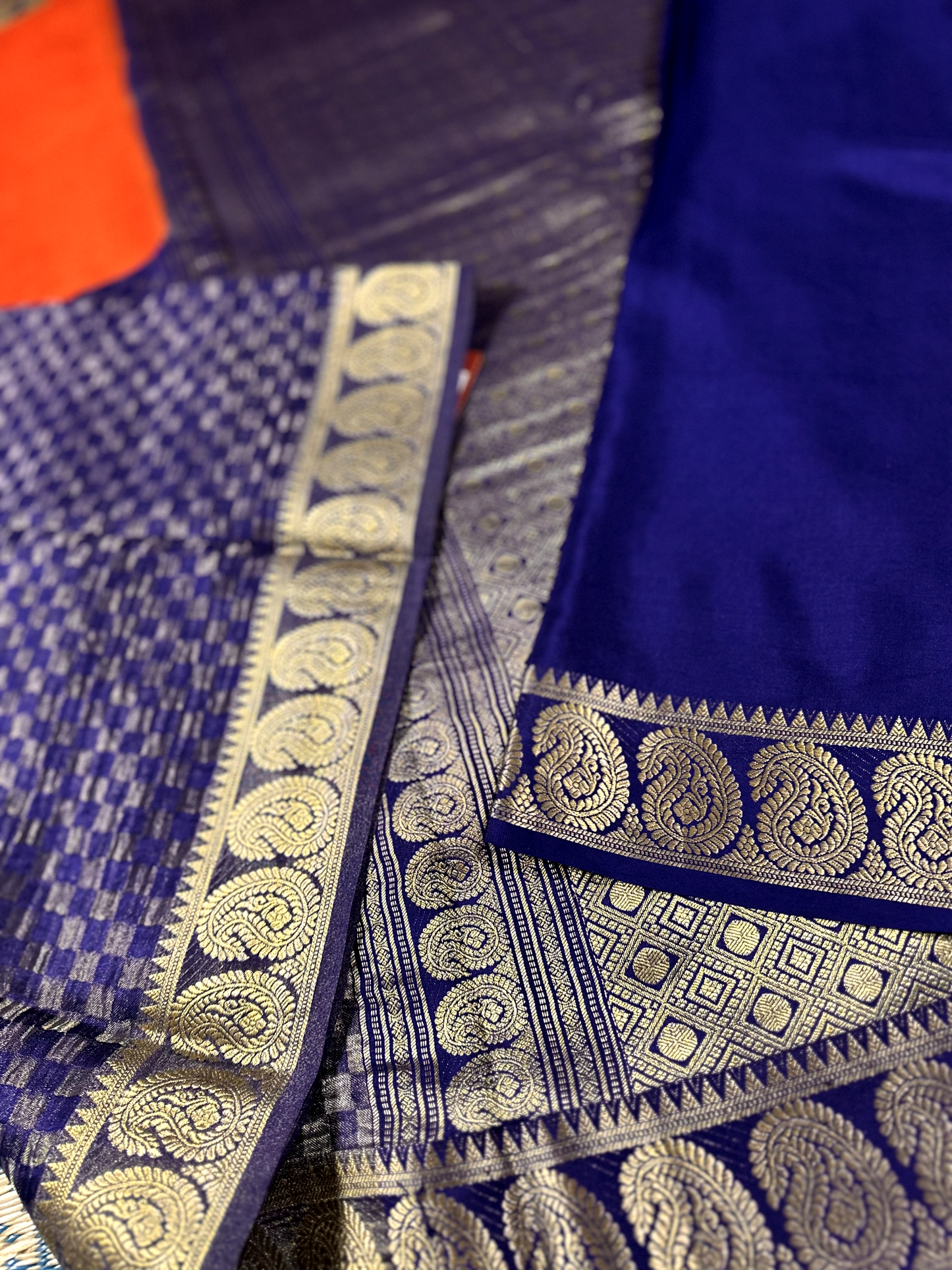 Orange & Blue Half Tissue - Half Crushed Pure Silk Mysore Crepe Saree