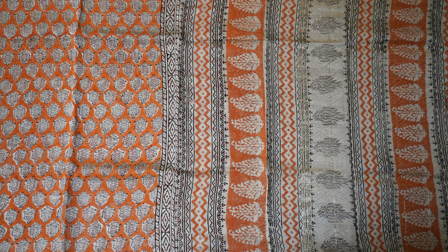 Orange Maheshwari Silk Cotton Saree with Floral Block Print
