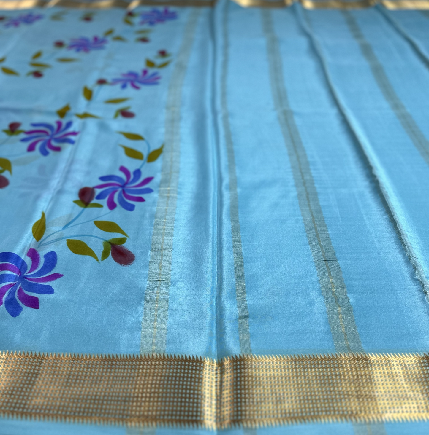 Sky Blue With Brush Painted Flower Motifs Pure Silk Mysore Crepe Saree