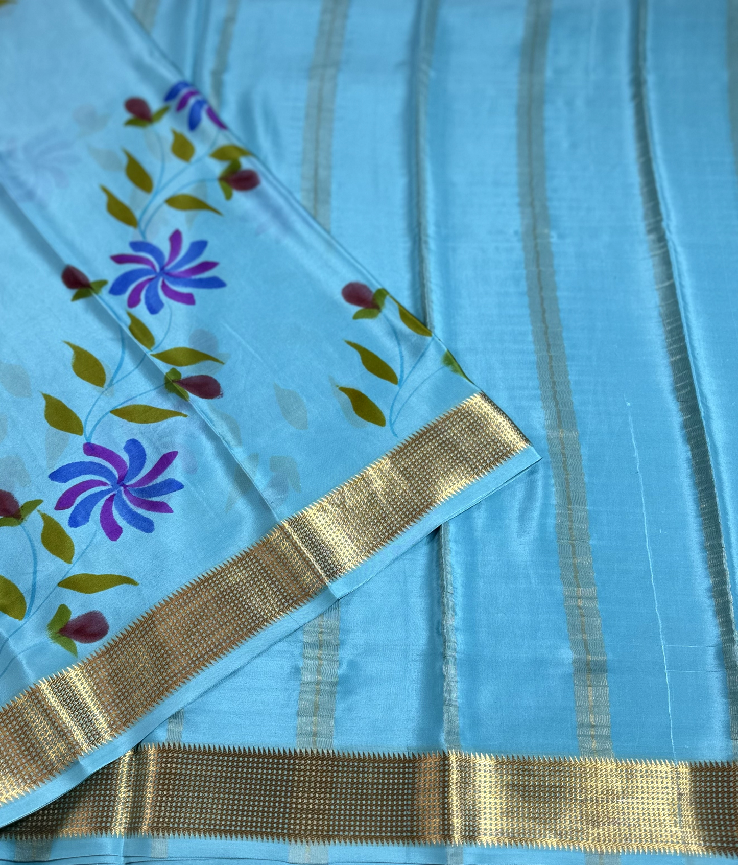 Sky Blue With Brush Painted Flower Motifs Pure Silk Mysore Crepe Saree