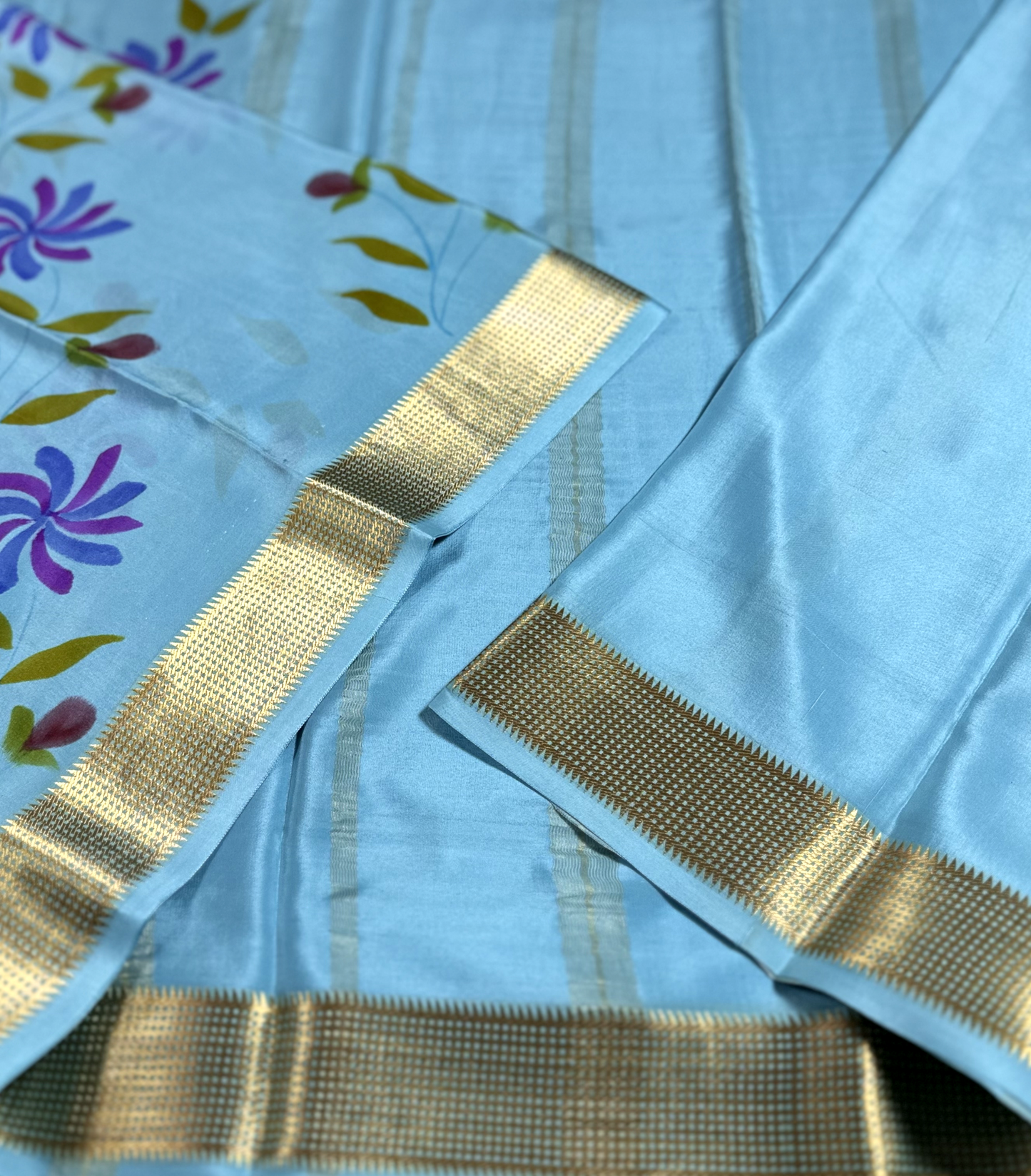 Sky Blue With Brush Painted Flower Motifs Pure Silk Mysore Crepe Saree