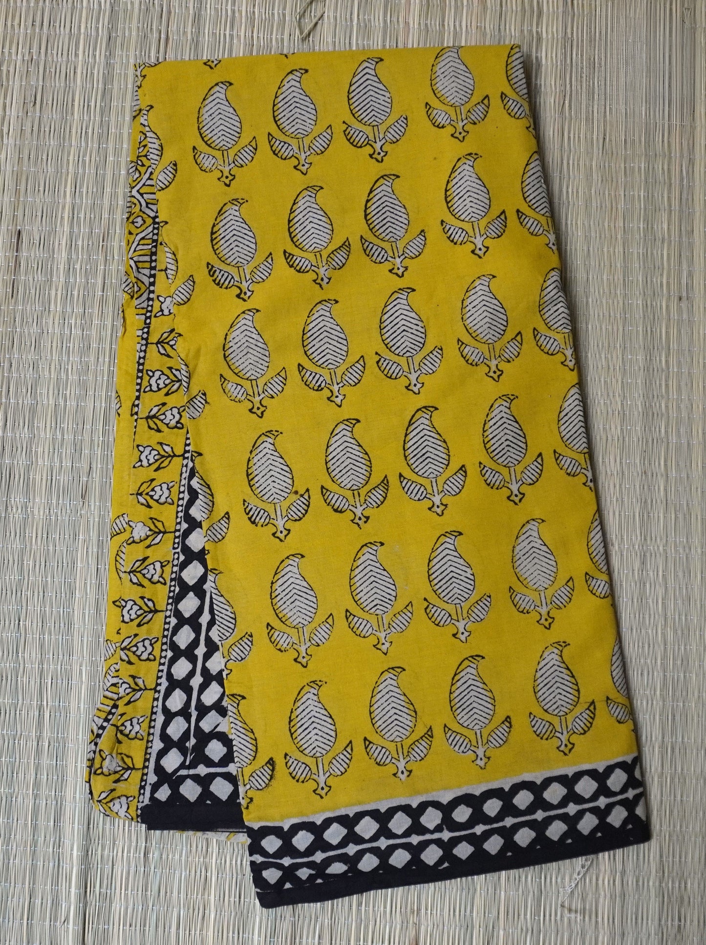 Yellow Mulmul Cotton Saree with Hand Block Bird Motifs
