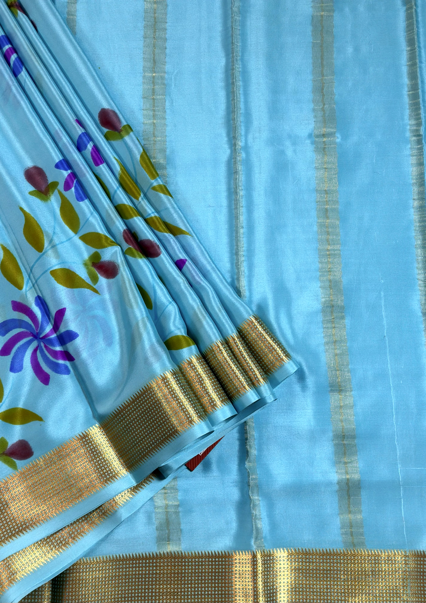 Sky Blue With Brush Painted Flower Motifs Pure Silk Mysore Crepe Saree