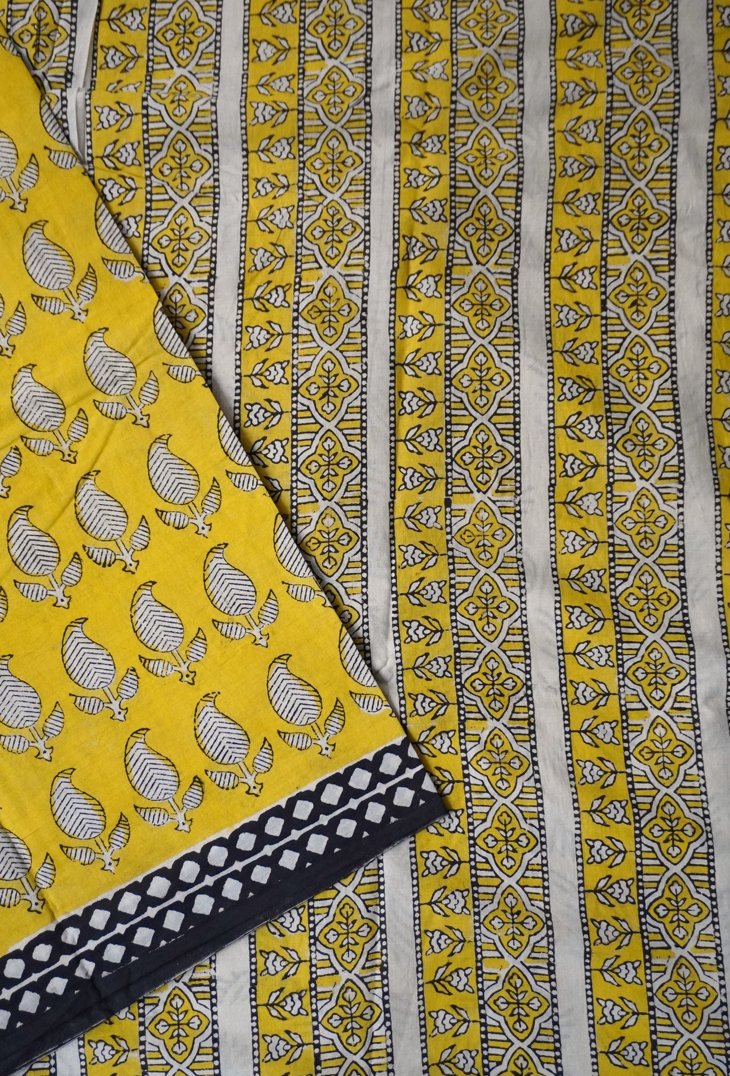 Yellow Mulmul Cotton Saree with Hand Block Bird Motifs
