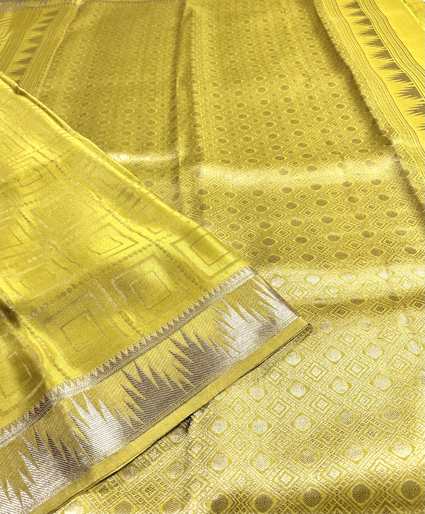 Yellowish Green Brocade Tissue Pure Silk Mysore Crepe Saree with Temple Border