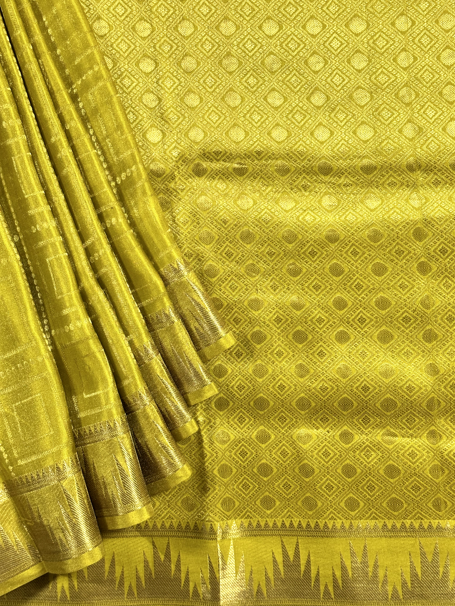 Yellowish Green Brocade Tissue Pure Silk Mysore Crepe Saree with Temple Border