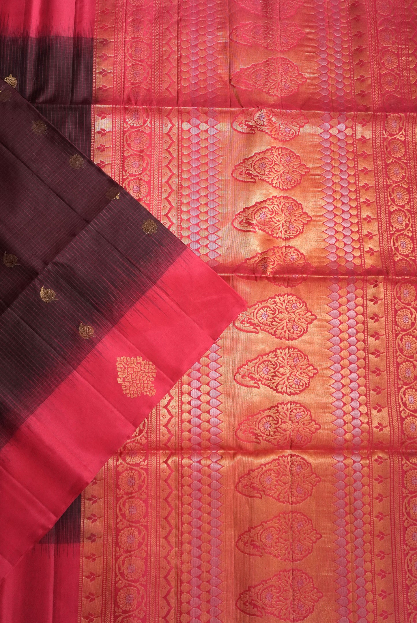 Wine & Rani Pink Handloom Kanchipuram Soft Silk Saree with Zari Checks