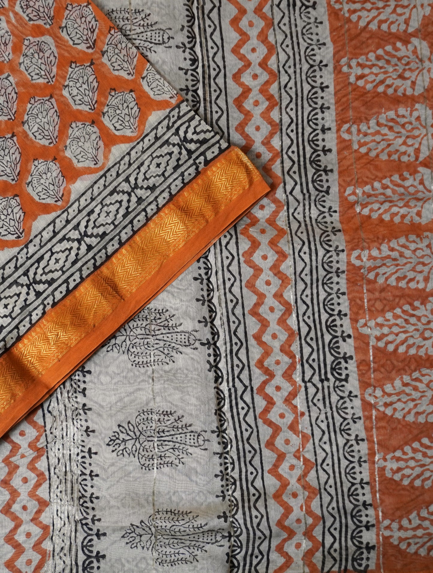 Orange Maheshwari Silk Cotton Saree with Floral Block Print