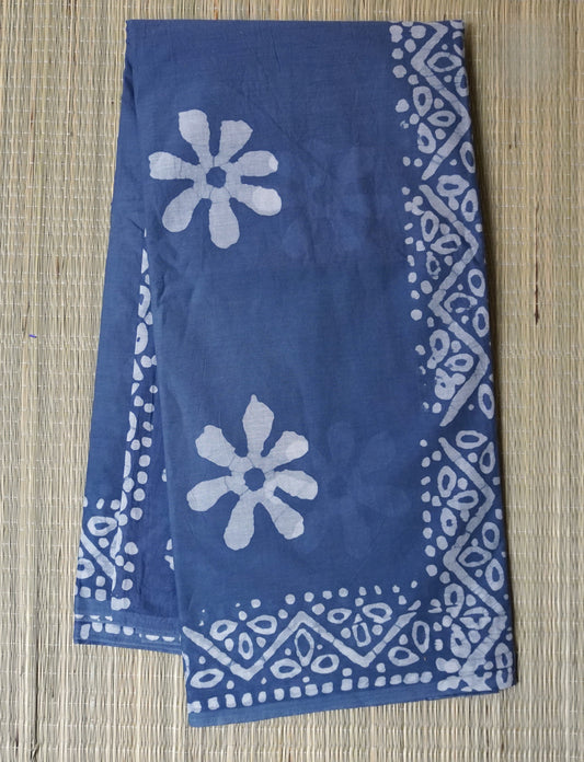 Gray & White Mulmul Cotton Saree with Hand Block Printed Florals