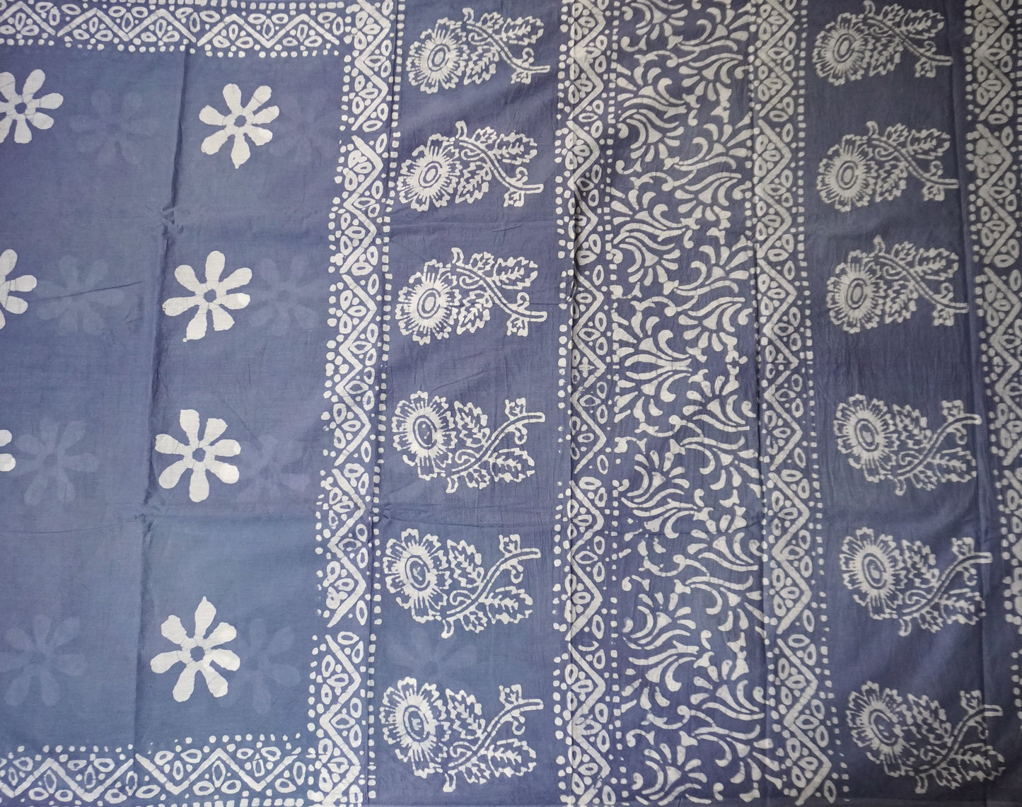 Gray & White Mulmul Cotton Saree with Hand Block Printed Florals