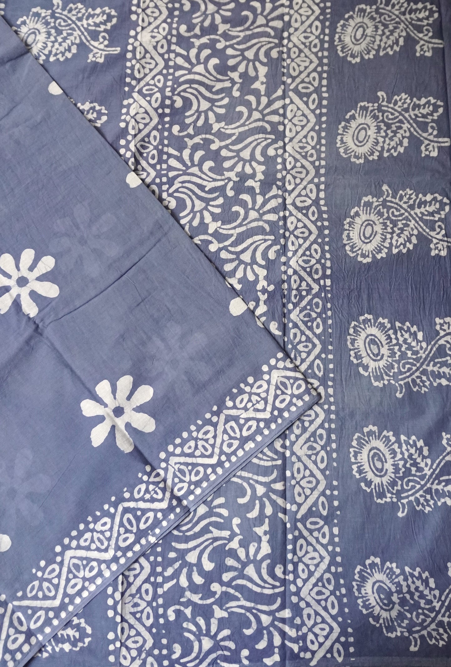 Gray & White Mulmul Cotton Saree with Hand Block Printed Florals