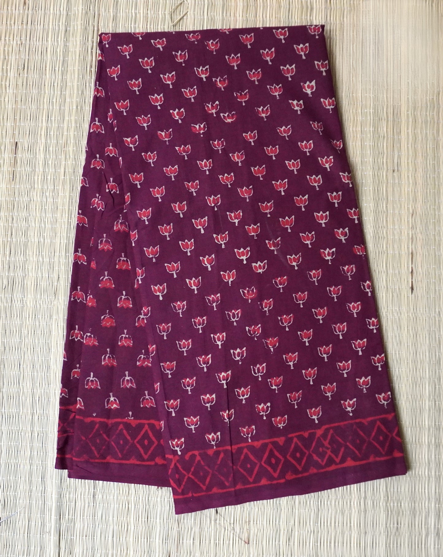 Rusty Red Mulmul Cotton Saree with Bold Ethnic Floral Print