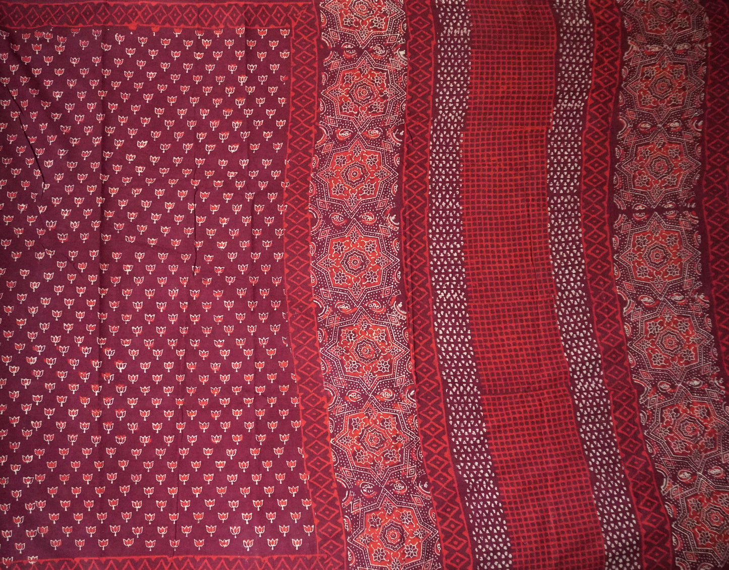 Deep Wine Mulmul Cotton Saree with Hand Blocked Lotus Prints