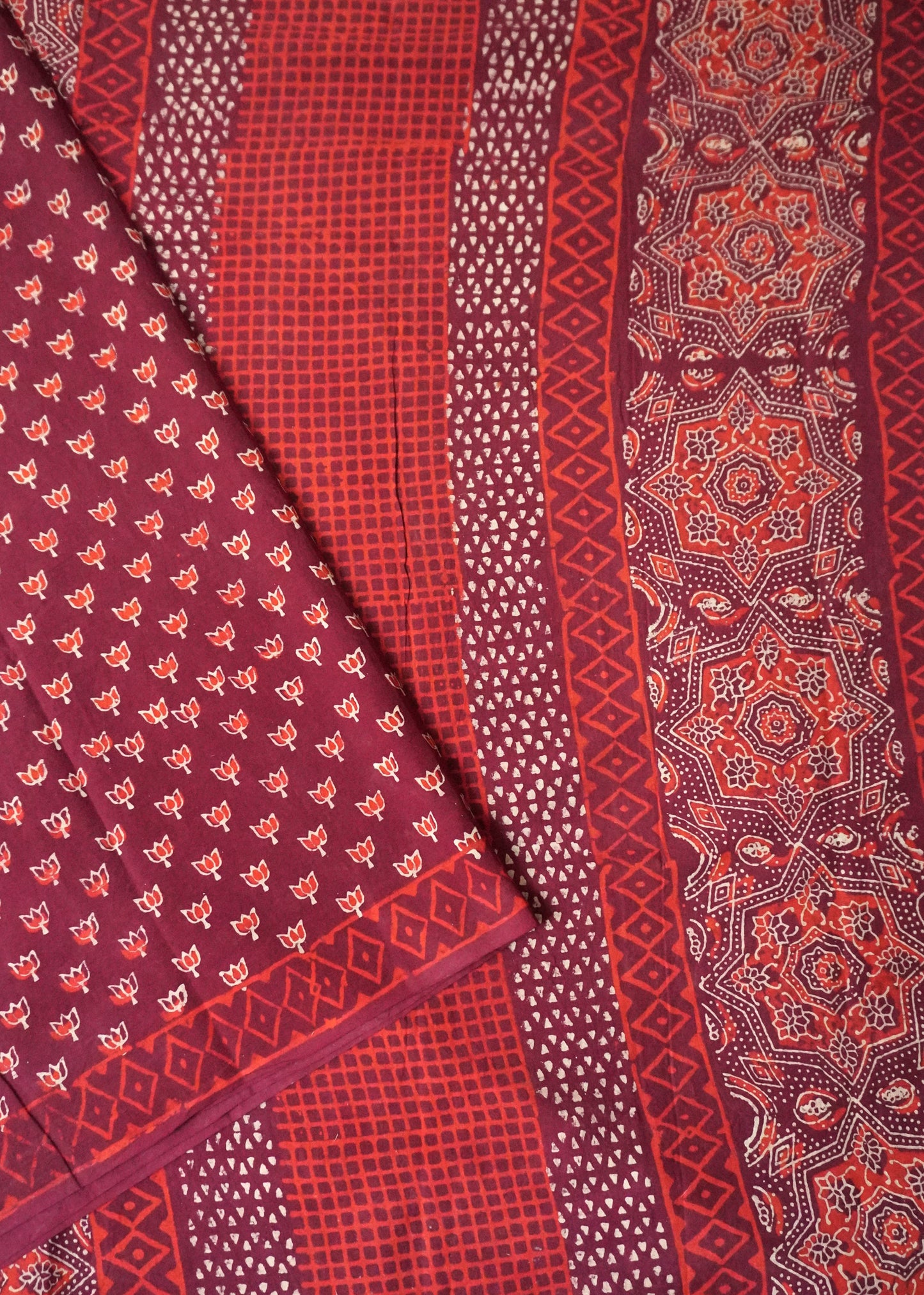 Deep Wine Mulmul Cotton Saree with Hand Blocked Lotus Prints