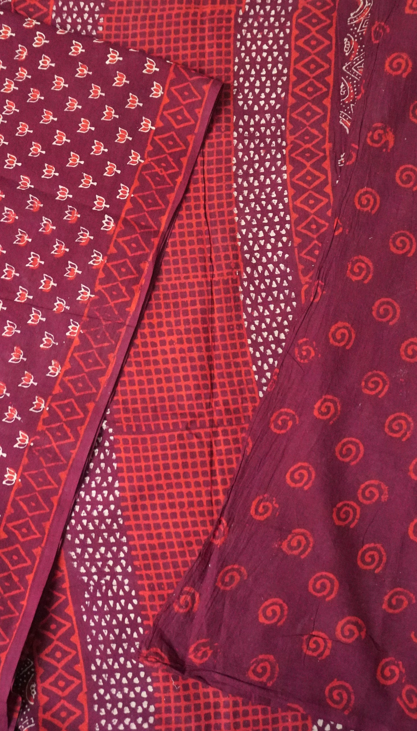 Deep Wine Mulmul Cotton Saree with Hand Blocked Lotus Prints