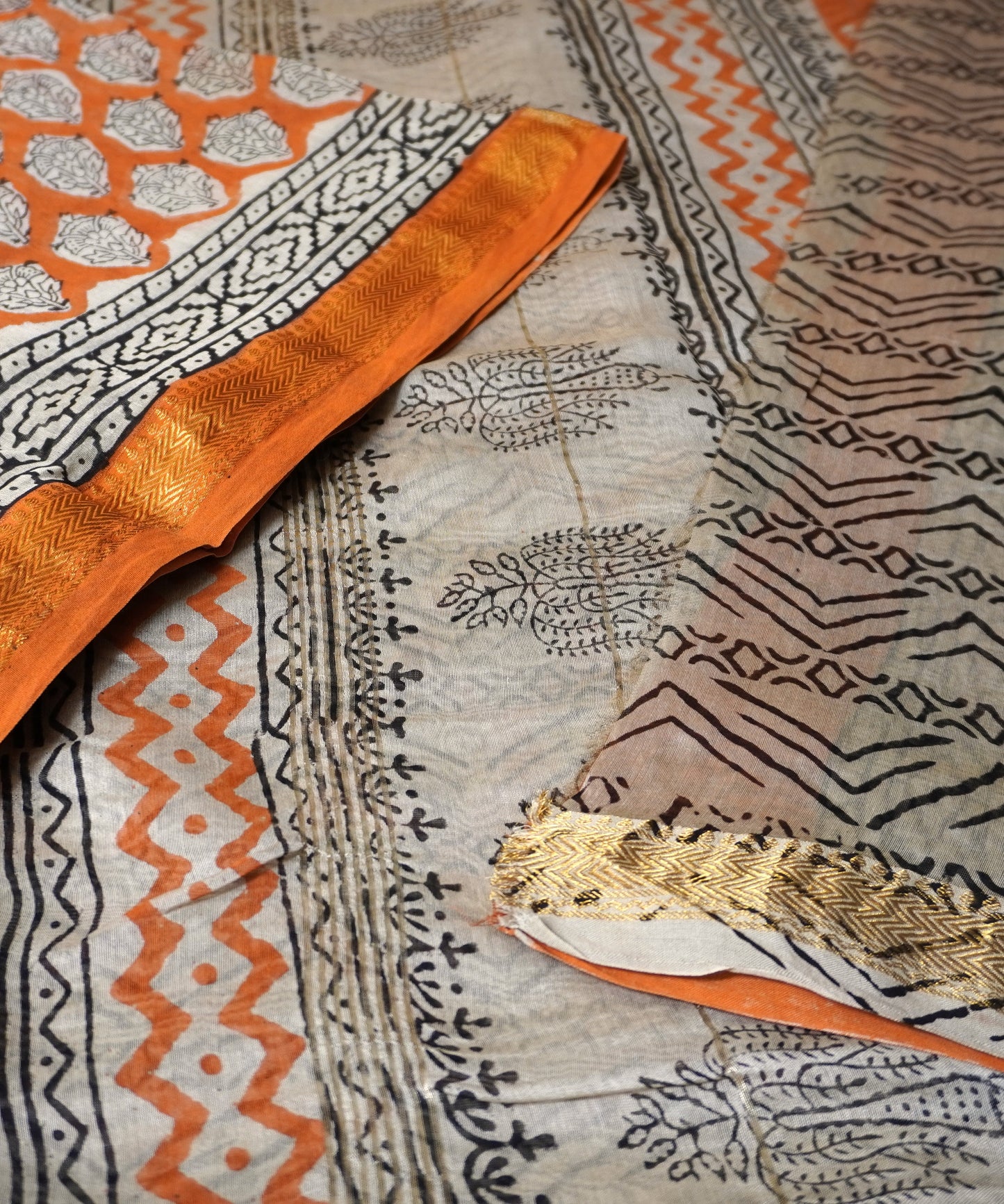 Orange Maheshwari Silk Cotton Saree with Floral Block Print