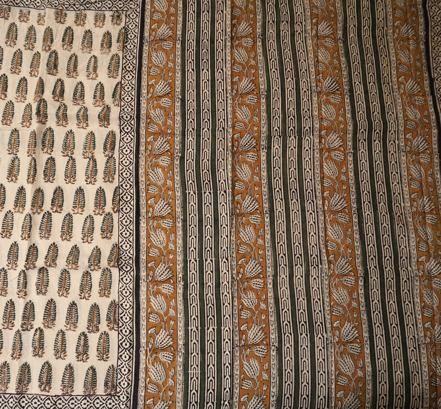 Beige Mulmul Cotton Saree with Hand Block Printed Trees