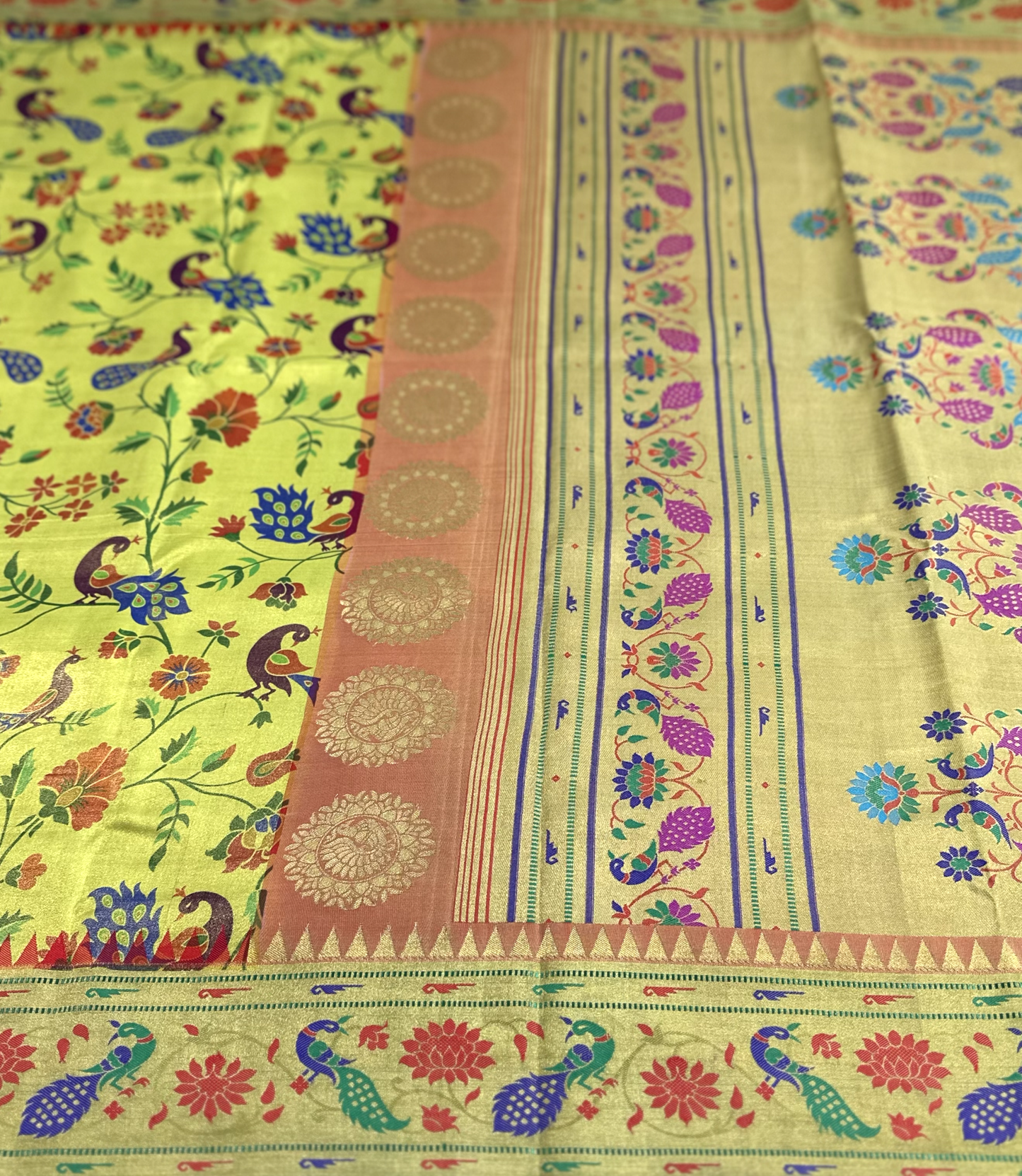 Yellowish Green With Multi-Colored Floral Prints Pure Silk Mysore Crepe Saree