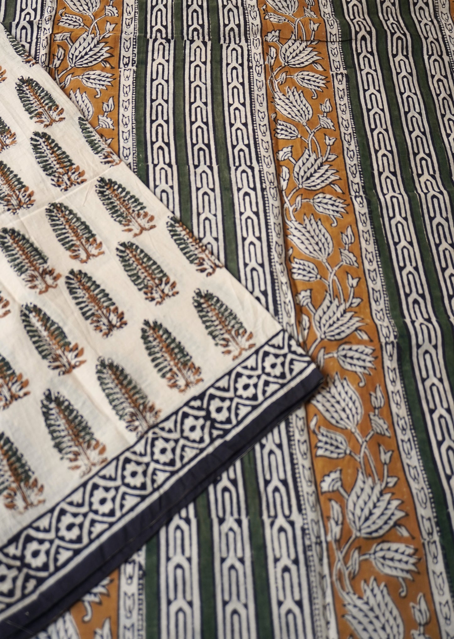 Beige Mulmul Cotton Saree with Hand Block Printed Trees
