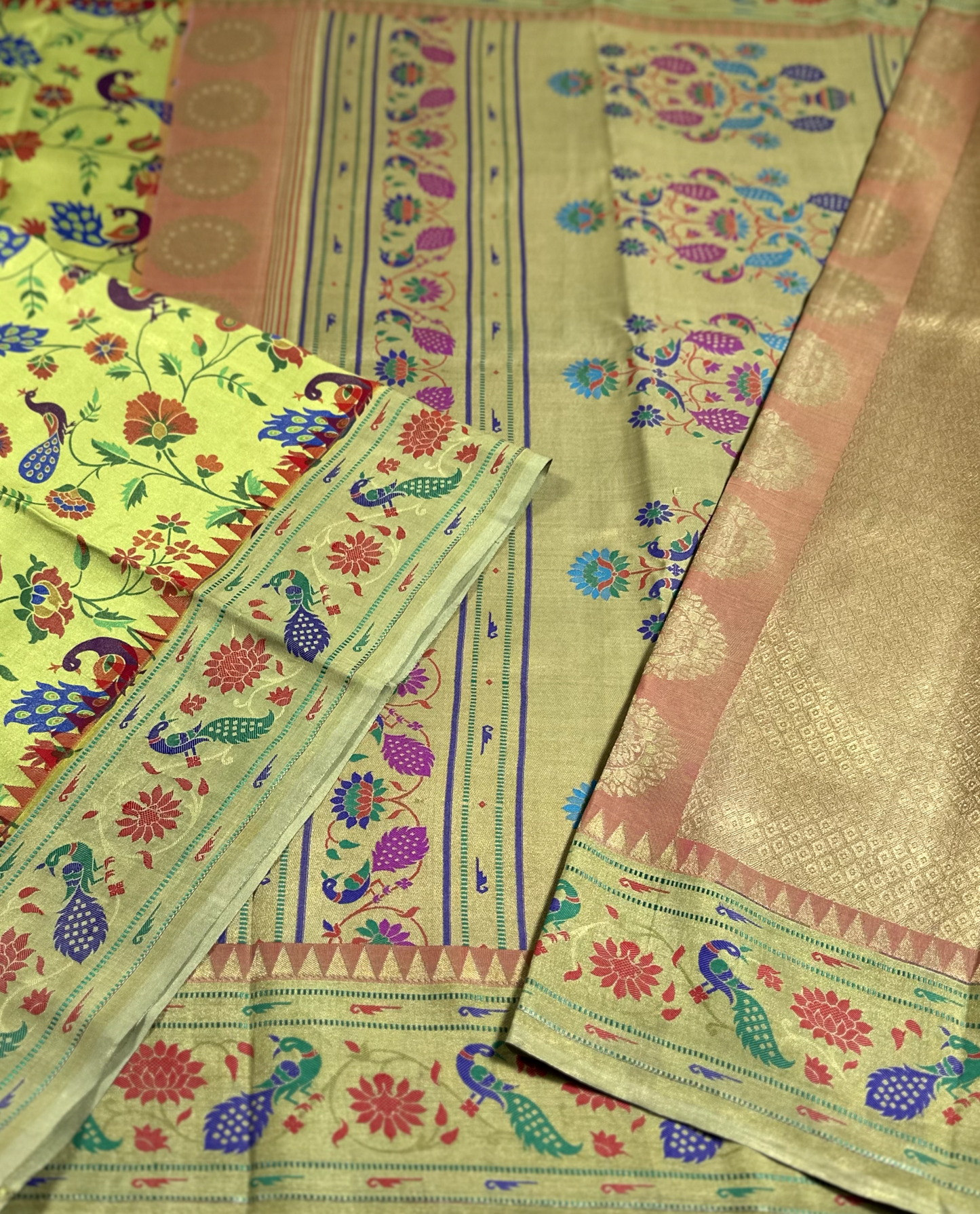 Yellowish Green With Multi-Colored Floral Prints Pure Silk Mysore Crepe Saree