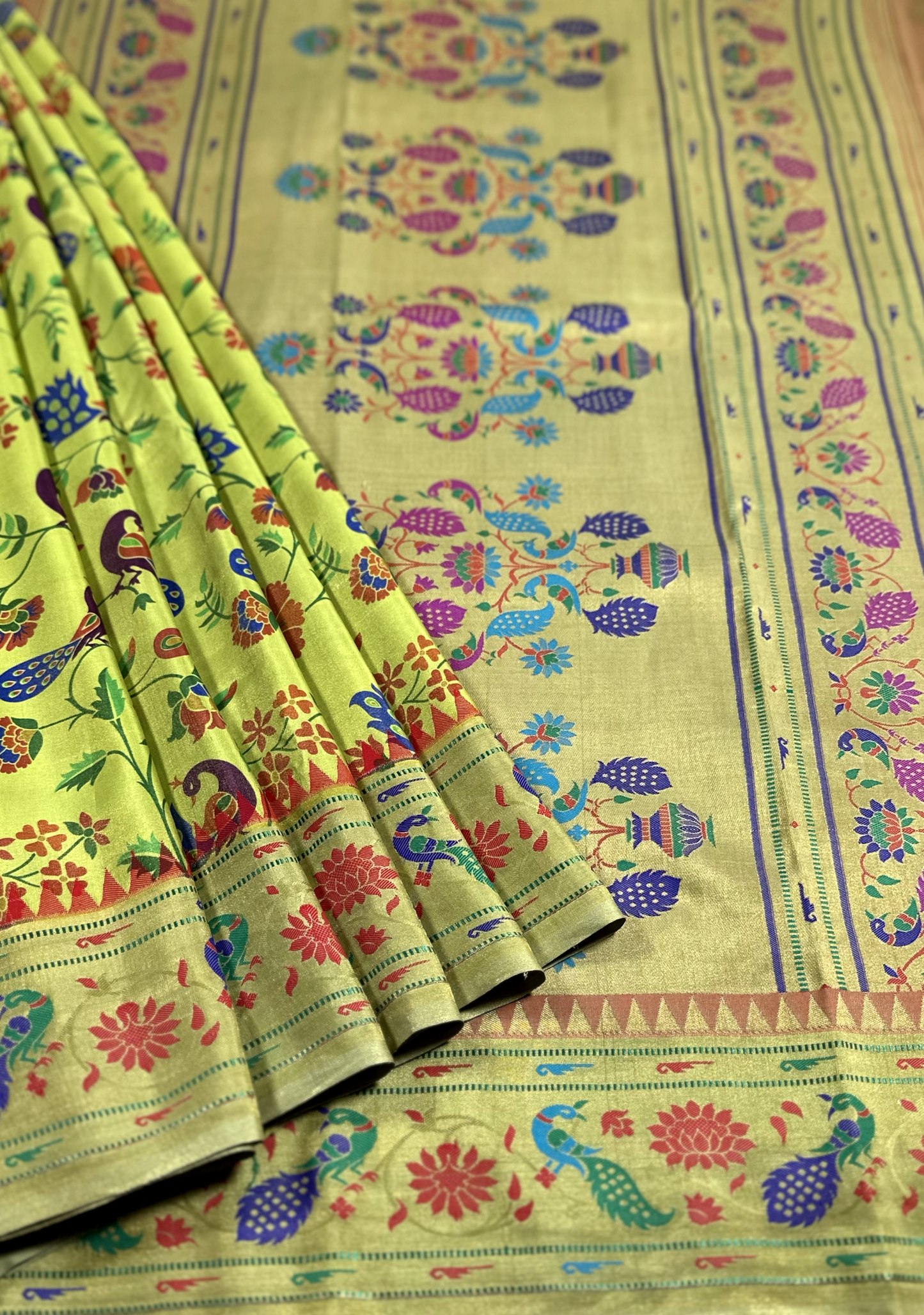 Yellowish Green With Multi-Colored Floral Prints Pure Silk Mysore Crepe Saree