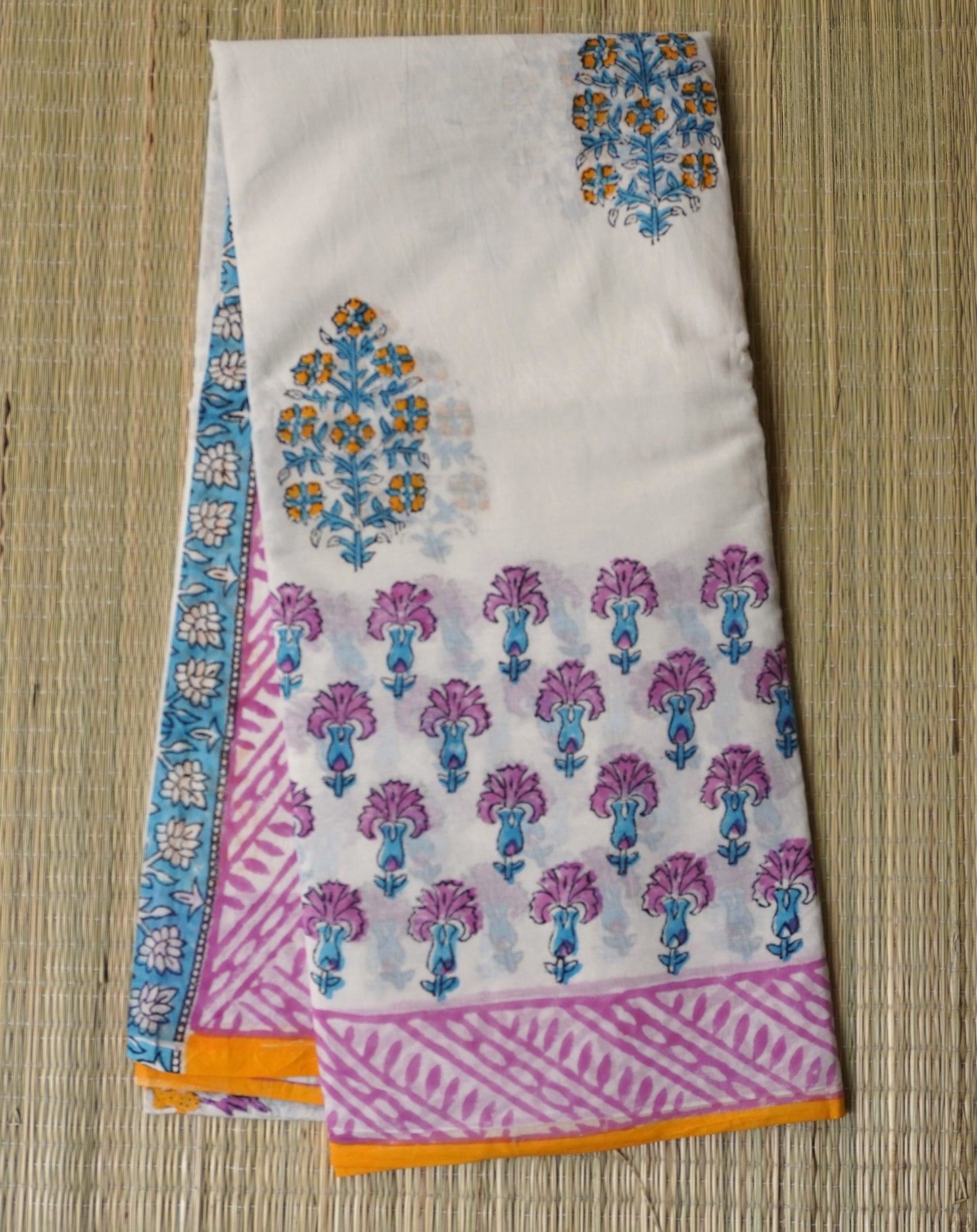 White Mulmul Cotton Saree with Pastel Bloom Block Print