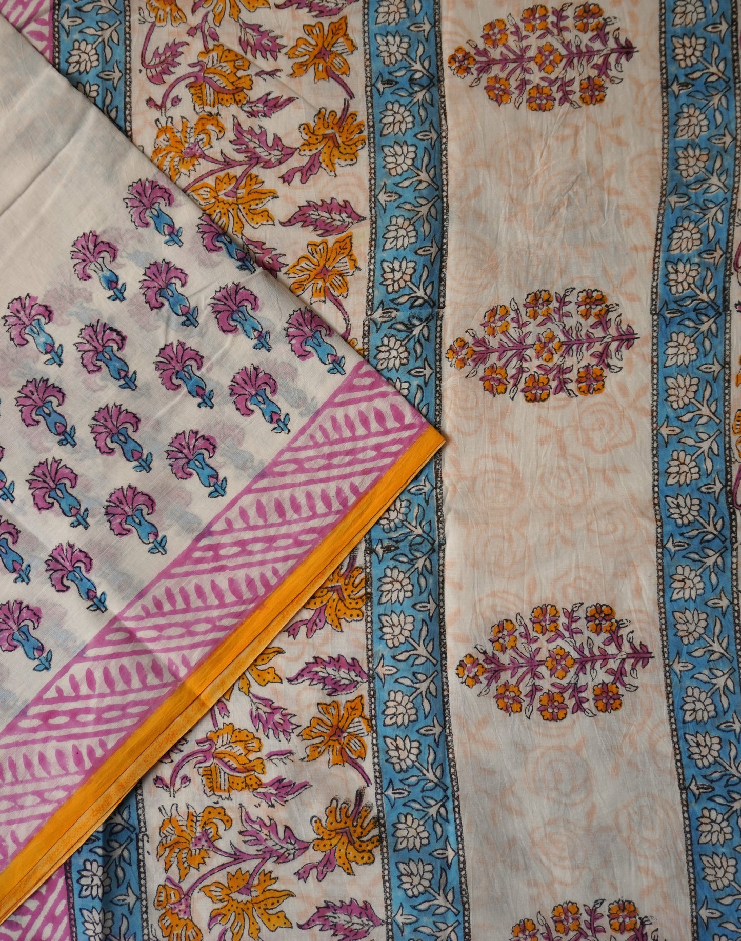 White Mulmul Cotton Saree with Pastel Bloom Block Print