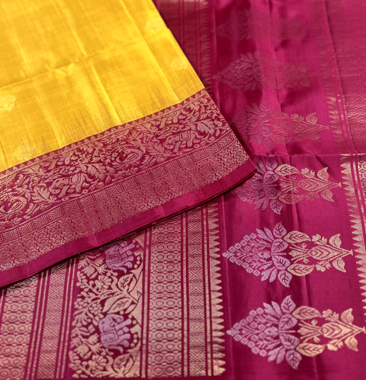 Yellow & Rani Pink Handloom Kanchipuram Soft Silk Saree